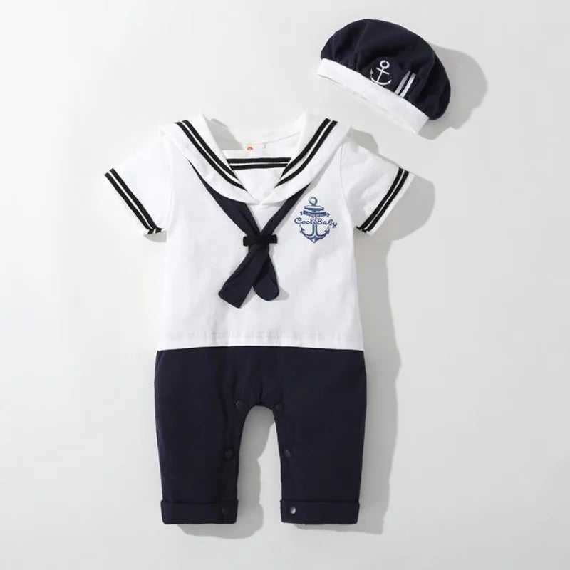 Baby Navy Romper - Sailor Jumpsuit with Hat for Boys & Girls (2Pcs Set)