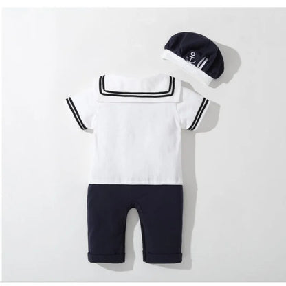 Baby Navy Romper - Sailor Jumpsuit with Hat for Boys & Girls (2Pcs Set)