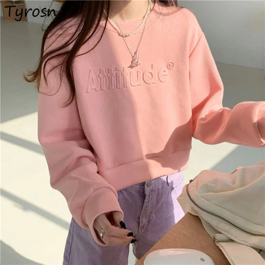 No Hat Hoodies Womens Clothing Loose Design Letter Cozy Casual Hipster Streetwear Japanese Style Spring All-match Cropped Tops