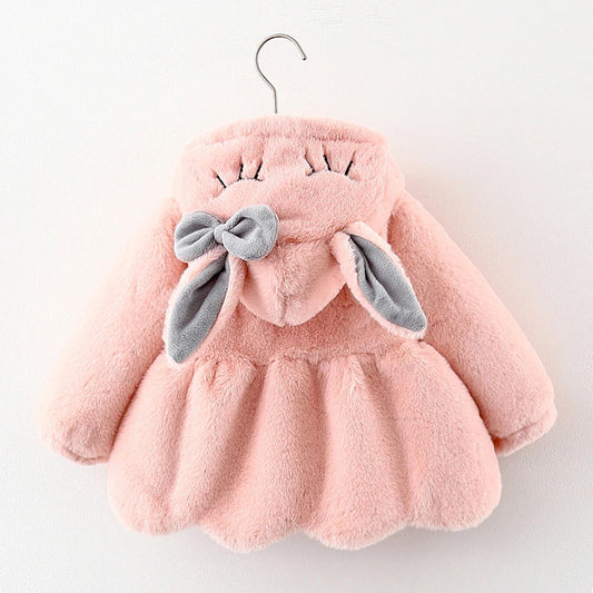 Cute Rabbit Ears Baby Jacket - Plush Hooded Coat for Girls (Autumn/Winter)