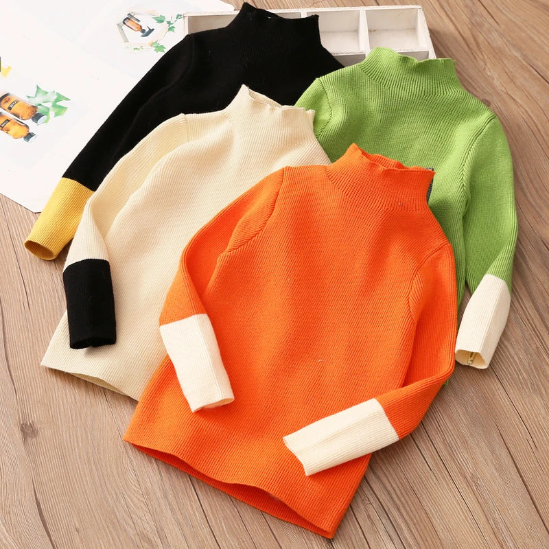 Kids Turtleneck Color Block Sweater 2-10Y Patchwork High Neck Knitwear