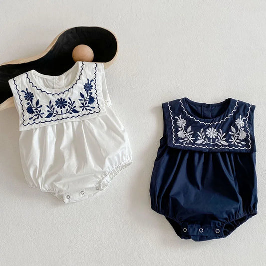 Korean Style Baby Girls Jumpsuit - Navy Collar Embroidery Cotton Bodysuit for Newborns