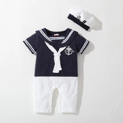 Baby Navy Romper - Sailor Jumpsuit with Hat for Boys & Girls (2Pcs Set)