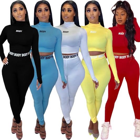 Letter Printed 2 Two Piece Set Women Outfits Activewear Fitness Turleneck Crop Top Leggings Women Matching Set Tracksuit Female