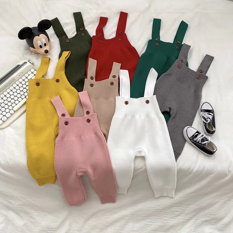 Autumn Winter Baby Knitted Strappy Pants Jumpsuit - Solid Color Bodysuit for Boys & Girls