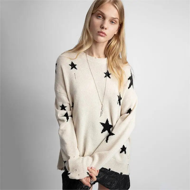 Zadig Stars Sweater Women Beige Cashmere Loose Sweaters Casual Long Sleeve Crew Neck Pullover Stylish Ripped Edges Jumpers Tops