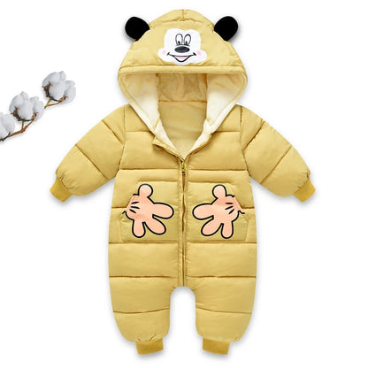 Baby Girl Cartoon Romper - Hooded Plus Velvet Newborn Jumpsuit for Autumn Winter