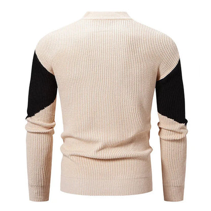 Men's Autumn Winter Mock Neck Knit Sweater – Patchwork Slim Fit Warm Pullover