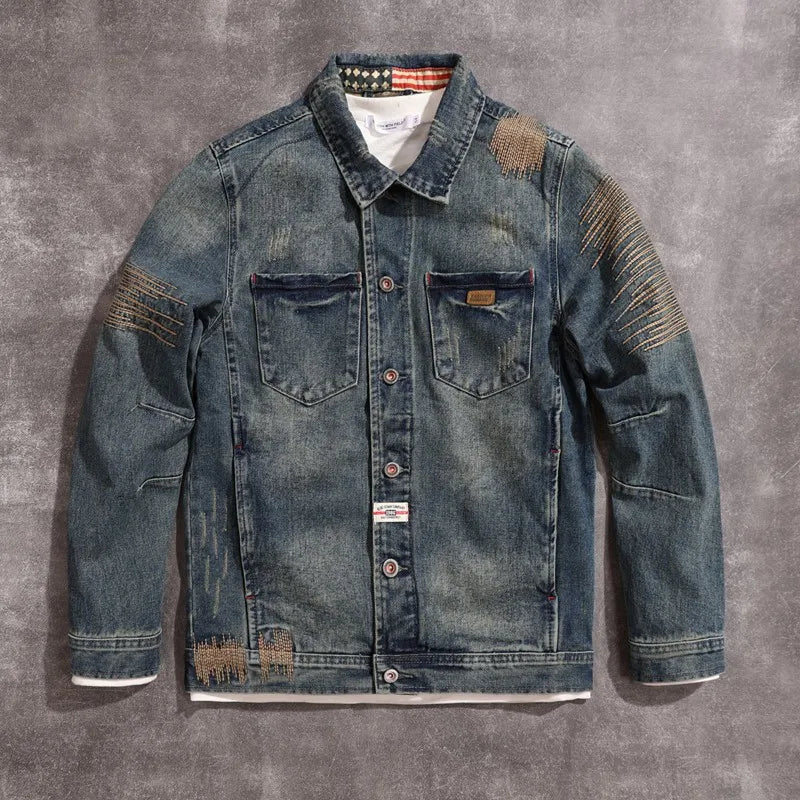 High-End Men’s Denim Jacket – Tiger Embroidery, Locomotive Style, Loose Fit