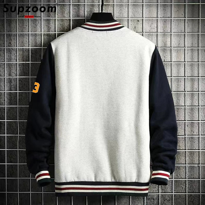 Supzoom Letter Rib Sleeve Cotton Bomber Jacket – Fashion Logo Single-Breasted Casual Coat