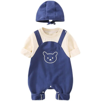 Autumn Baby Clothes Newborn Outfit Jumpsuit with Hood & Suspenders, Baby Cap