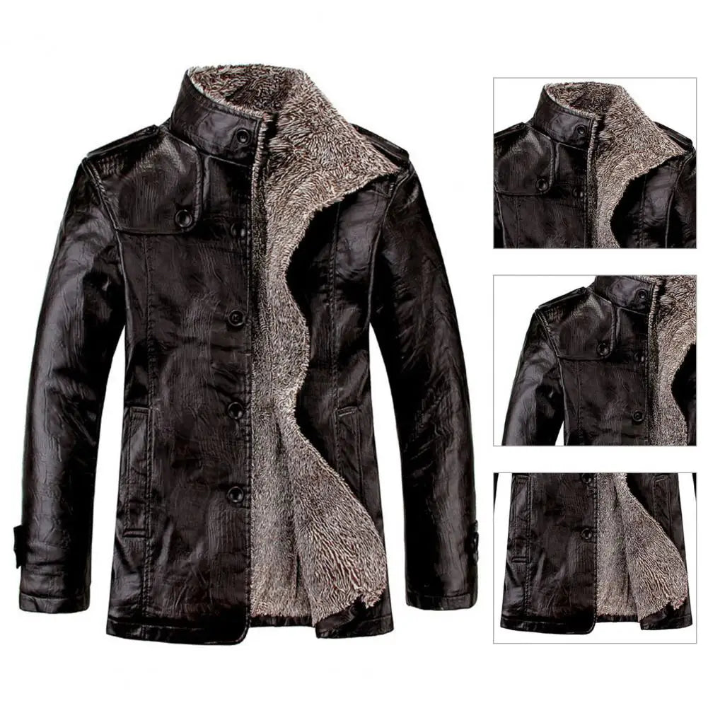 Men's Winter Warm Faux Leather Jacket – Solid Color Long Sleeve Cardigan Coat