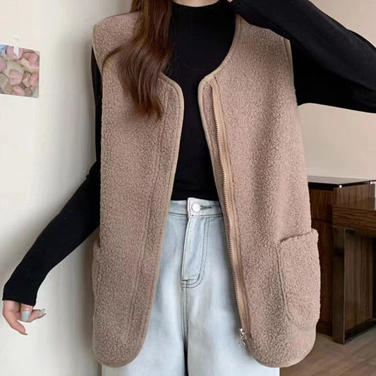 Women Faux Lamb Fur Sleeveless Vest Coat With Pockets Warm Zipper Casual Cardigan Traf Jacket Office Coat Vest Women Fall Winter