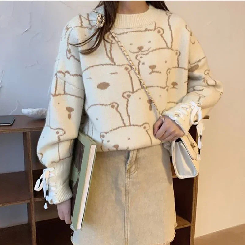 Women Loose Cashmere Warm Pullovers Bear Printed Cute Sweater Long Sleeve Bandage Jumpers Knit Casual Sweater Autumn Winter