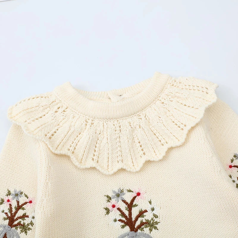 Infant Baby Girls Embroidered Knit Jumpsuit - Long Sleeve Romper for Spring & Autumn