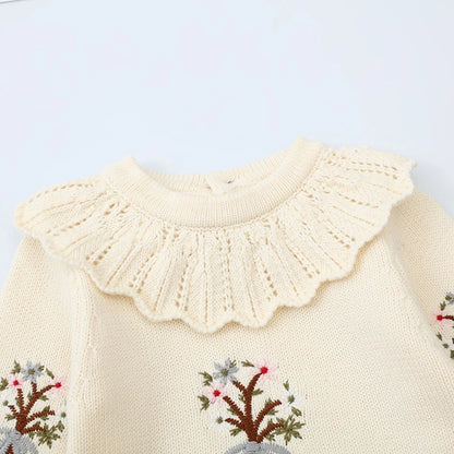 Infant Baby Girls Embroidered Knit Jumpsuit - Long Sleeve Romper for Spring & Autumn