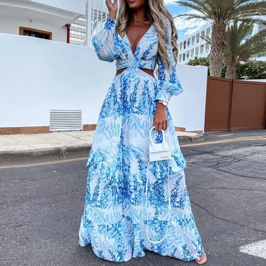 Spring New Long Dress Fashion Print Sexy Deep V-neck Long Sleeved Dress Women's Elegant Hollow Out Ruffle Spliced Maxi Dress