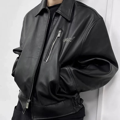 High Street ERD Leather Jacket – Black Zipper Turn-down Collar Casual Men’s Coat