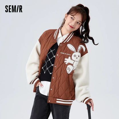 Semir Cotton Jacket Women Baseball Collar Color Block Patchwork Faux Shearling Winter Oversize Rabbit Quilted Jacket