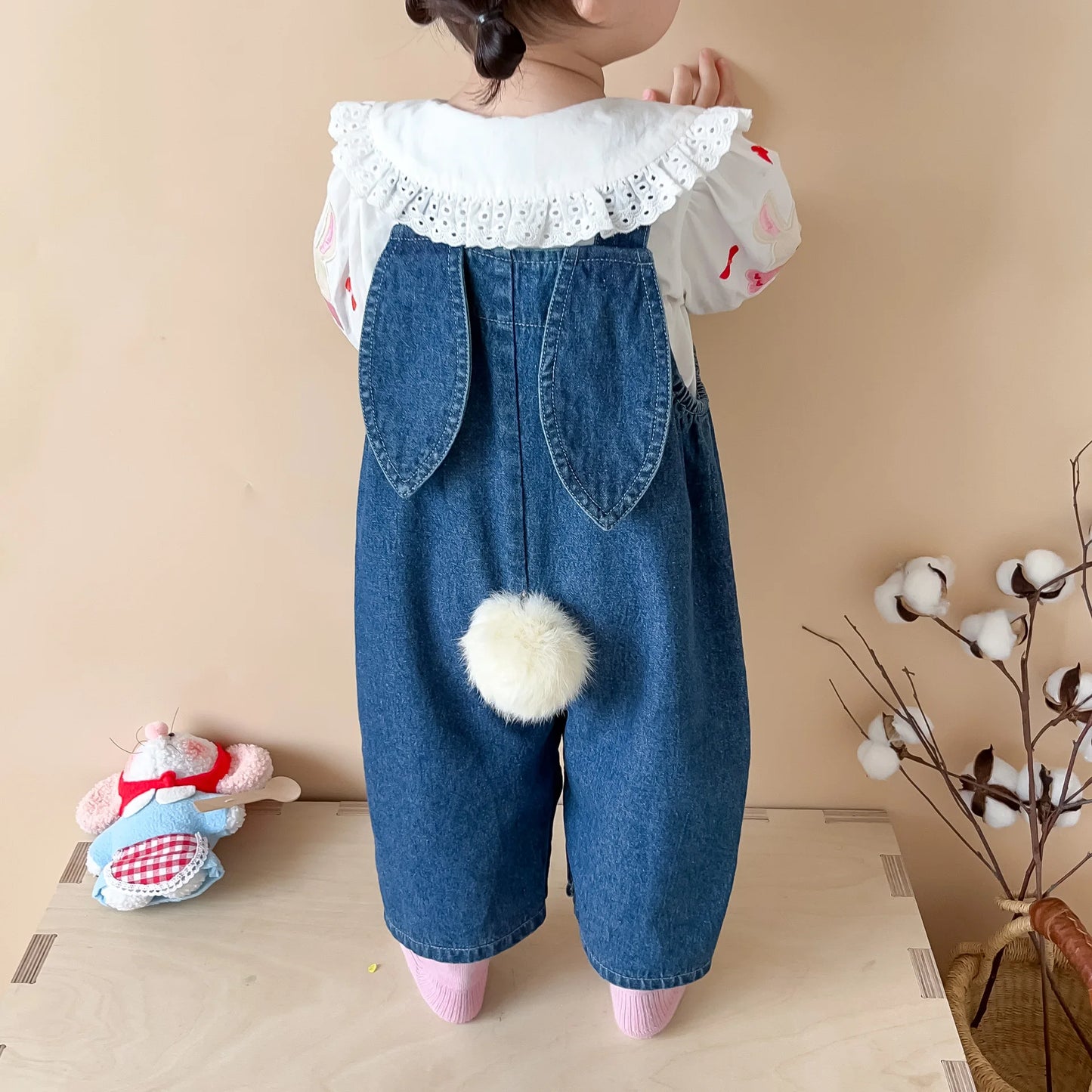 Baby Girl Sleeveless Denim Jumpsuit - Cute Rabbit Ear Romper for 0-24M