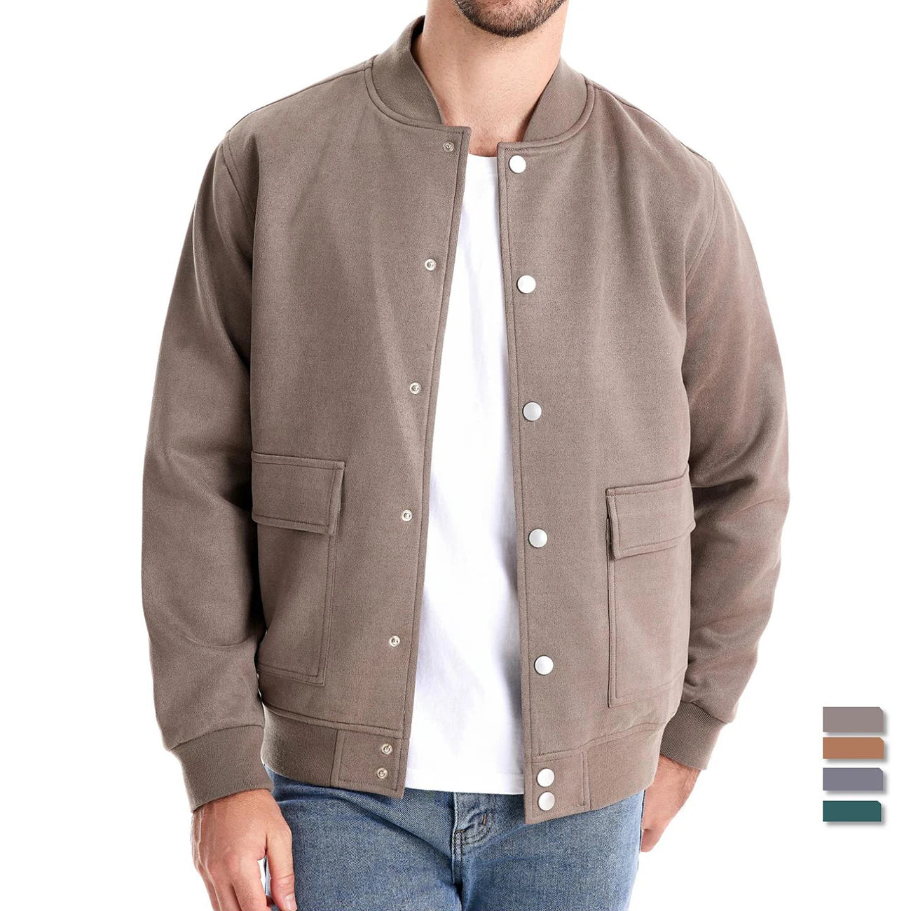 Men's Suede Button-Up Bomber Jacket | Casual Business Crew Neck Baseball Outwear