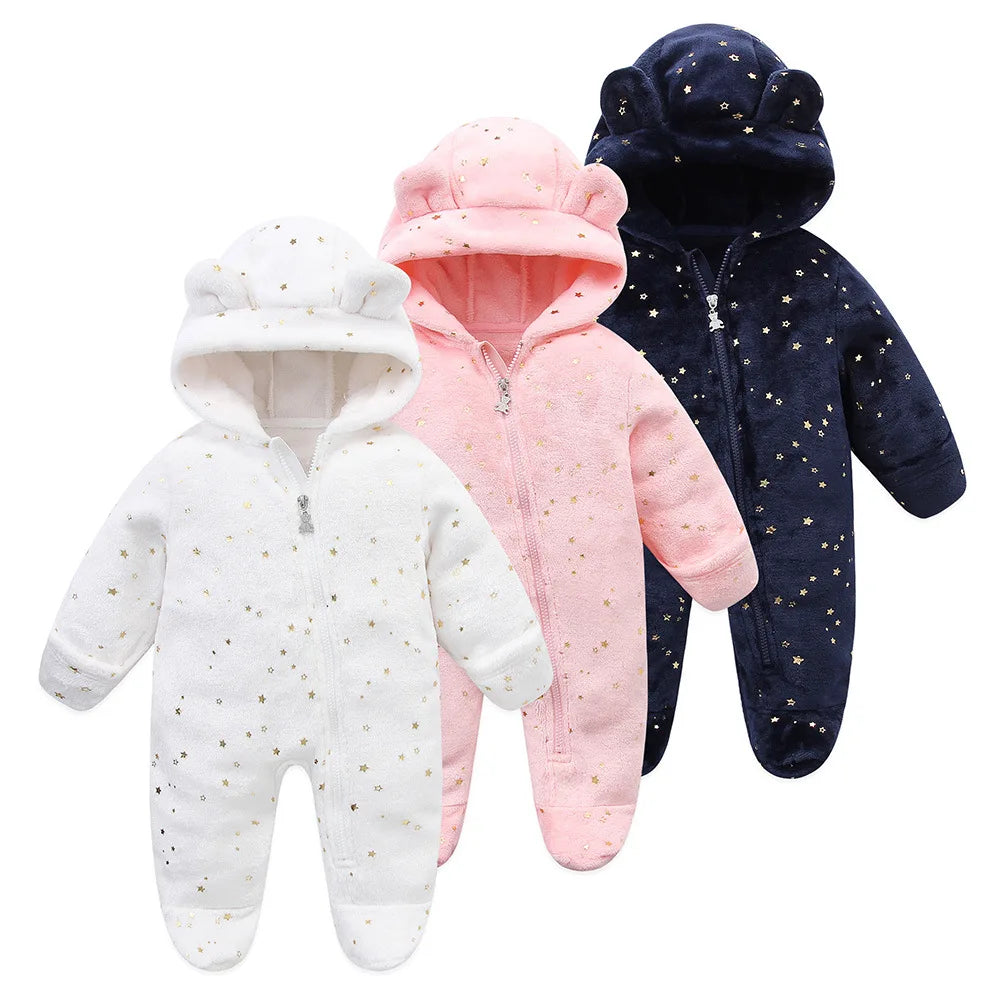 2024 Autumn Winter Newborn Baby Overalls - Plus Velvet Hooded Romper (0-1Y)