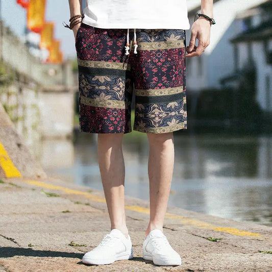 Japanese Vintage Patchwork Elastic Drawstring Casual Shorts – Summer 2024