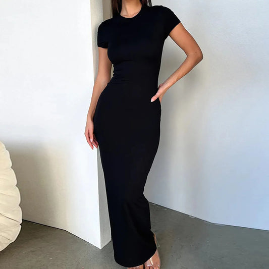 Solid Black White Skinny Long Dress Women's Summer Fashion Plain Bodycon Maxi Tshirt Dress Ladies Simple Casual Slim Dresses