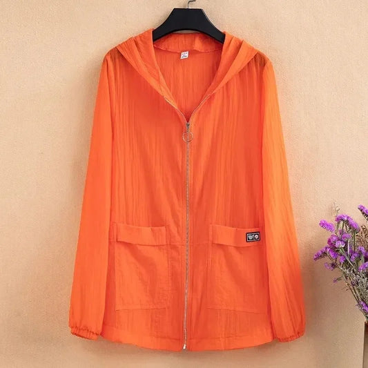 2024New Ultra Light Women Summer Outdoors Short Jacket Hooded Sun Protection Clothing Solid Coat With Zipper Windbreaker 5XL