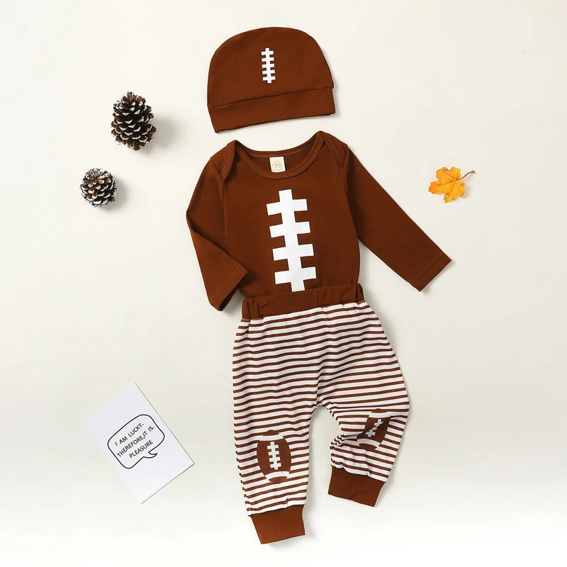 Baby Football Outfit - 3-Piece Long Sleeve Romper & Stripe Pants (0-18M)