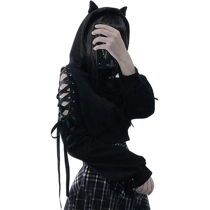 Y2k Gothic Womens Hoodie Cat Ear Crop Top Hooded Sweatshirt Hollow Out Lace Up Long Sleeve Hodded Casual Pullover Autumn