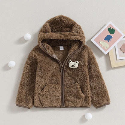 Hooded Baby Coat - 3D Bear Fuzzy Jacket for Boys & Girls, Winter Fleece Zipper Outerwear