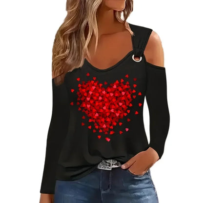 Women Fashion Plus Size 1XL-5XL T-shirt Women's Sexy Off The Shoulder Long Sleeved T-shirt Ladies Love Printed Fashion Top