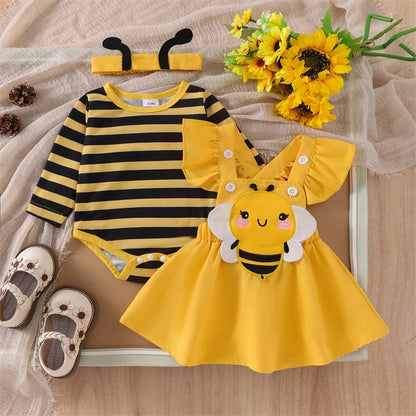 Baby Girls' Autumn Skirt Set - Flying Sleeve Romper & Bee/Beetle Embroidery Dress