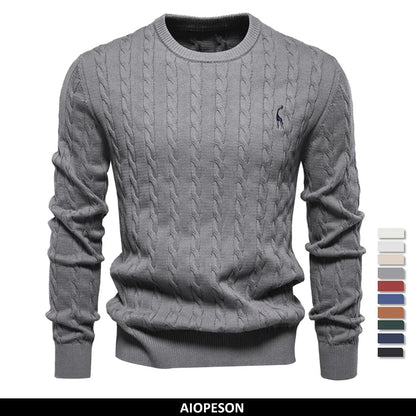 Men’s Giraffe Embroidery Cotton Sweater | Round Neck Knitted Pullover with Twist Pattern