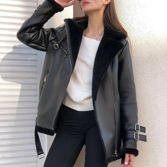 Women's Classic Bomber Jacket Warm Fashion Shearling Coat Winter Real Sheepskin Jackets