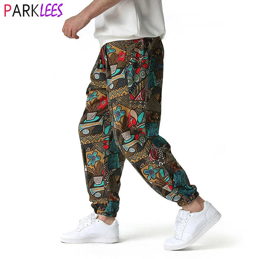 Traditional Nation Print Cotton Linen Joggers – Men’s Hippie Harem Pants Streetwear