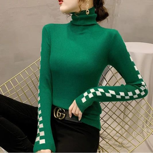 Stacked Knitting 2023 Grid New Slim Fit Autumn and Winter Stylish and Personalized High Neck Base Sweater