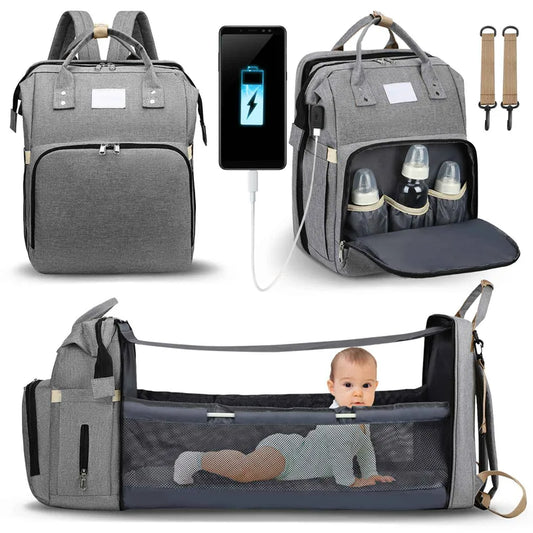 Fashionable Mommy Bag - Large Capacity Portable Diaper Bag with Folding Baby Bed