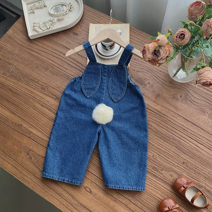 Baby Girl Sleeveless Denim Jumpsuit - Cute Rabbit Ear Romper for 0-24M