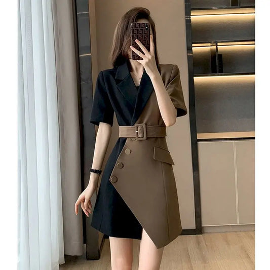 Summer Fashion Short Sleeve Blazer Dresses Women 2024 New French Suit Dress Womens Niche Design Mini Skirts Splicing Belt Dress