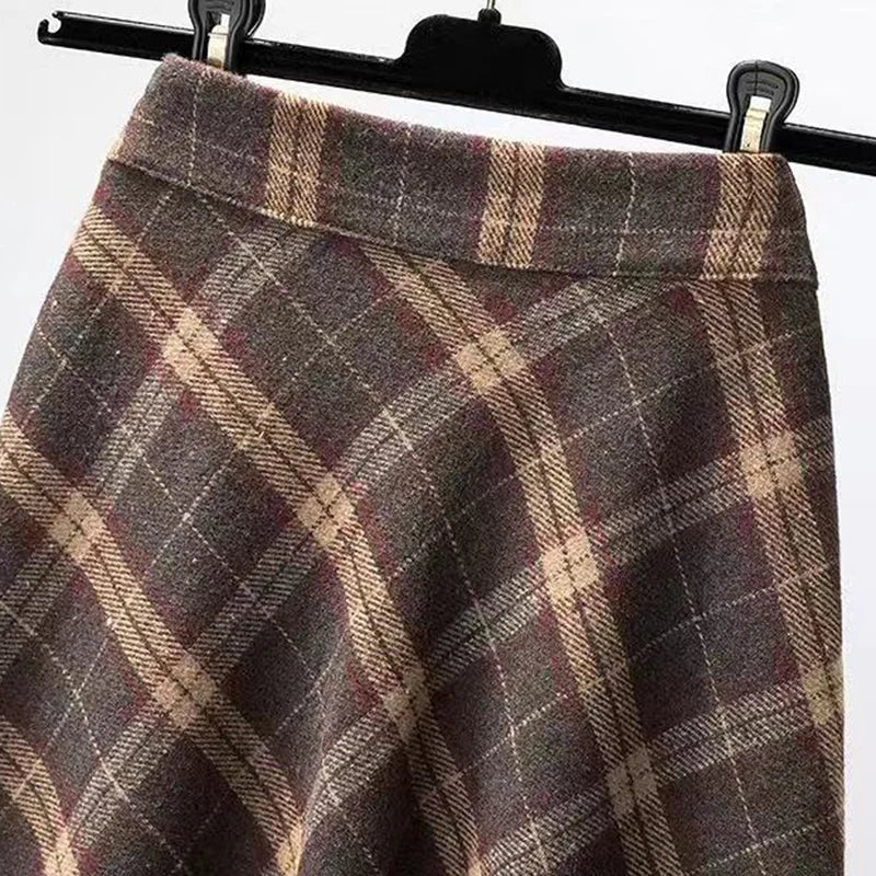 Rimocy Autumn Winter Woolen Skirt Women 2023 Korean Style Thick High Waist Long Skirt Woman A Line Pleated Plaid Skirt Female