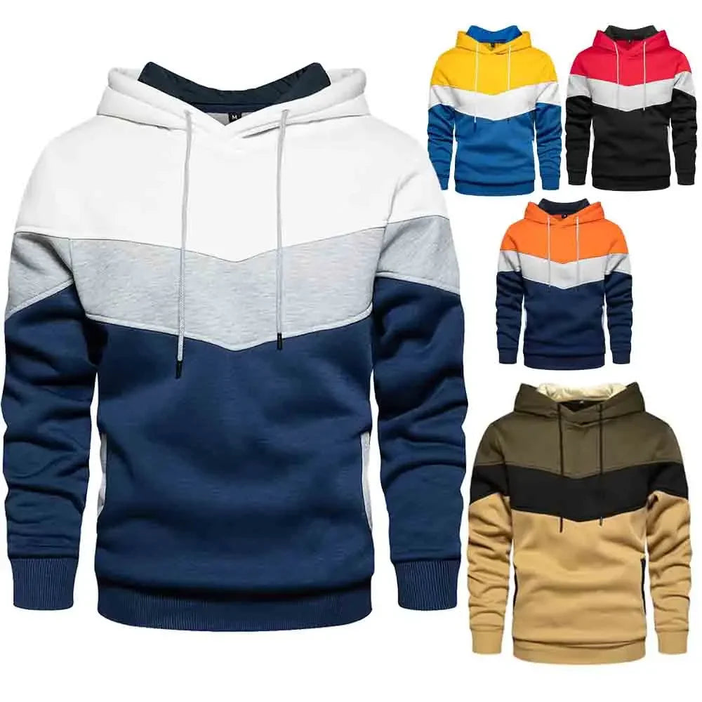 Men's Patchwork Hooded Sweatshirt – Casual Fleece Hoodie for Autumn & Winter