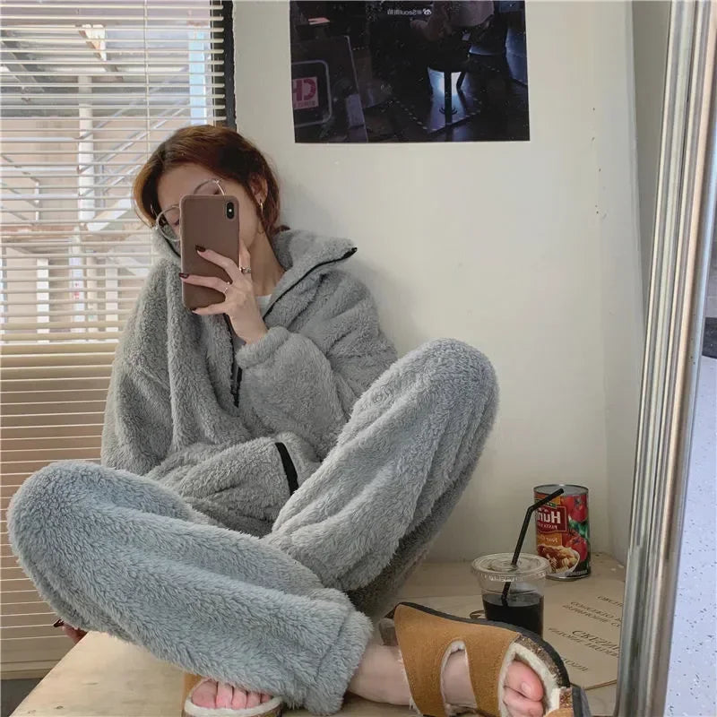 Pajama Set Women Sweet Turtleneck Sleepwear Solid Students Homewear Cozy All-match Winter Thicken Warm Female Casual Korean Chic