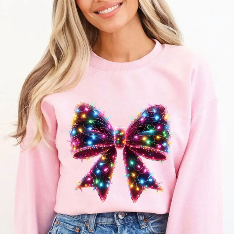 Christmas Lights Coquette Bow Hoodie – Women’s Fleece Casual Trendy Tracksuit Top