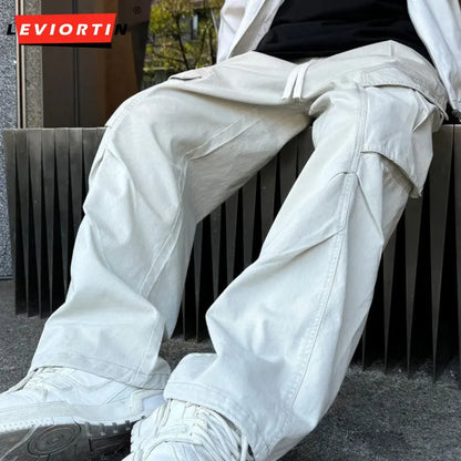 Vintage Straight Leg Cargo Pants – 100% Cotton Wide Casual Trousers with Pockets