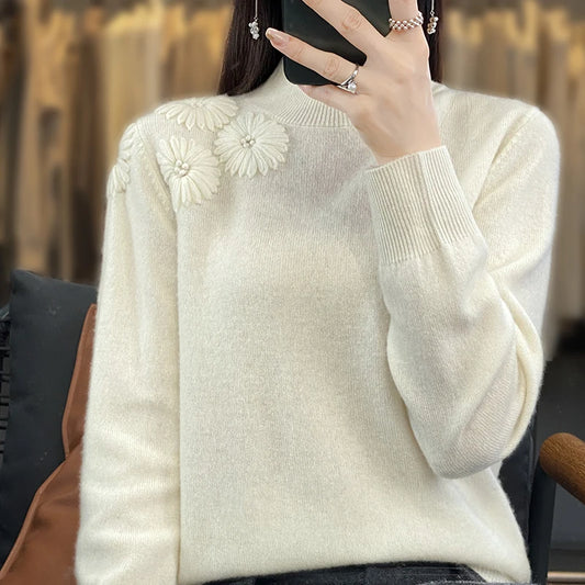 Autumn and winter women's semi high neck 100% wool pullover, hand embroidered Chinese style cashmere sweater, warm knit sweater