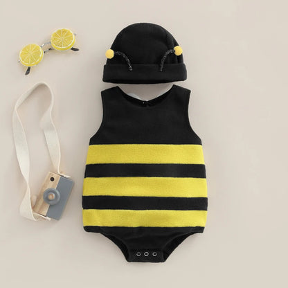 Infant Cartoon Bee Romper - Baby Halloween Outfit with Hat