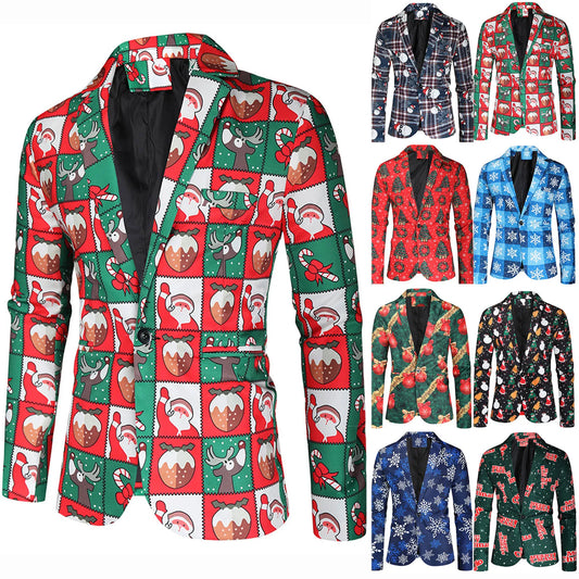 Men's Slim Fit Blazer Casual Party Coat Christmas Elemental Print Jacket