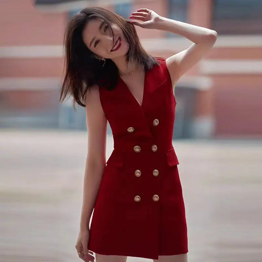 Summer Red Double-Breasted Office Ladies Blazer Mini Dress Elegant Women V Neck Sleeveless Tank Slim Back Zipper Party Vestidos